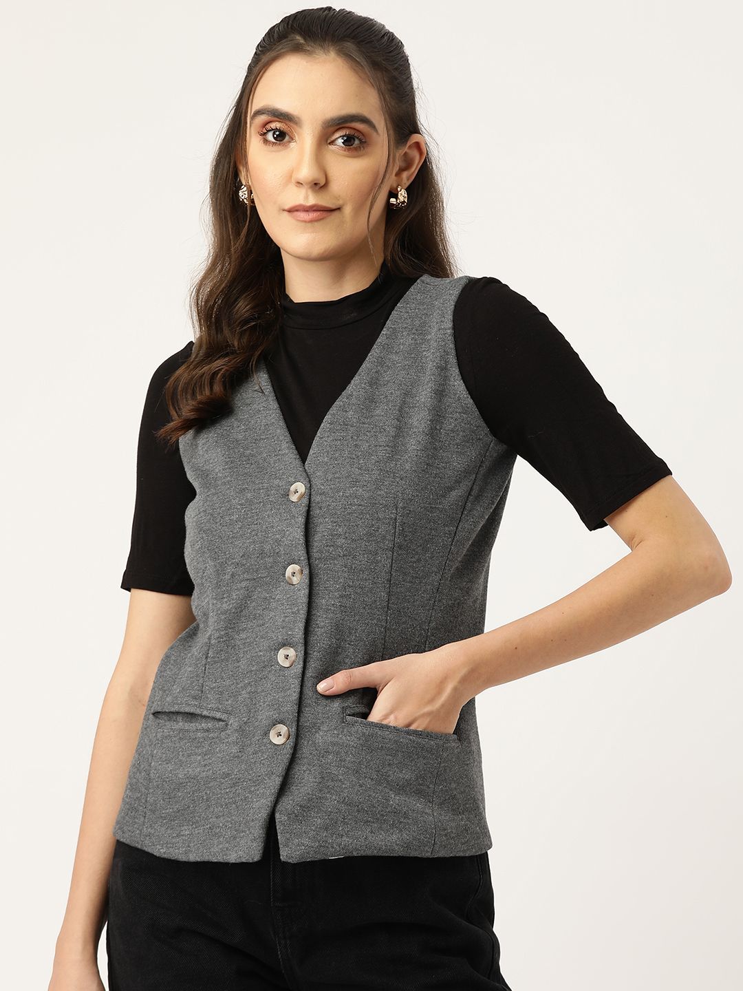 BRINNS Women Charcoal Grey Solid Waistcoat-picture-10