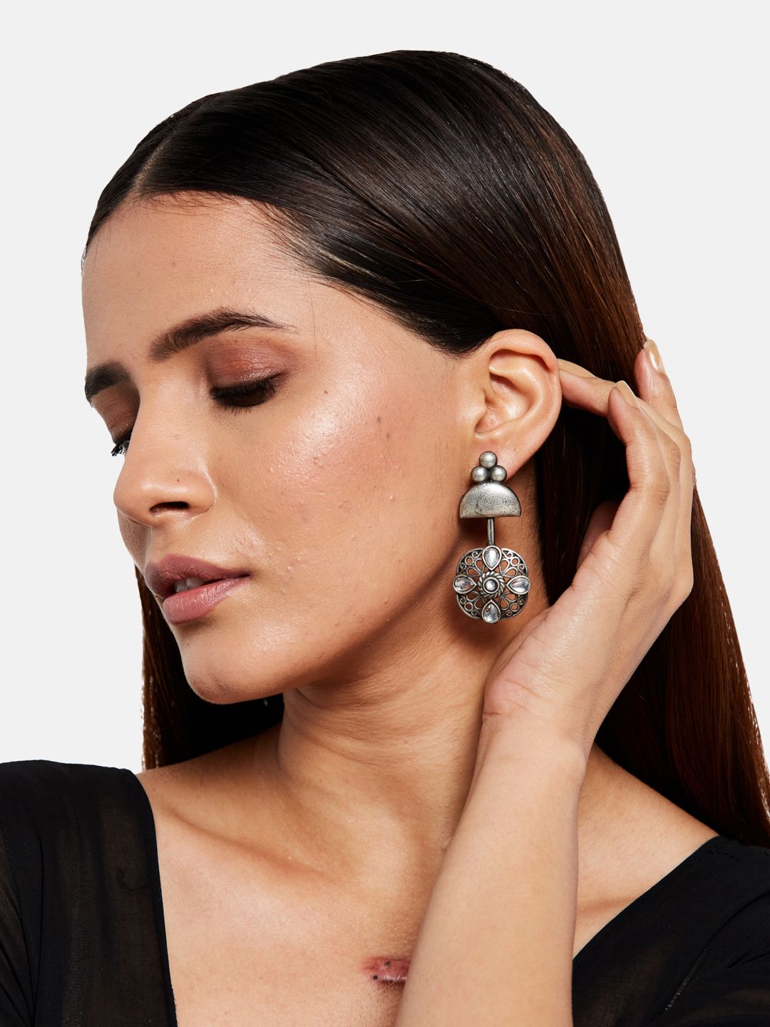 ATIBELLE Silver-Plated Floral Ear Cuff Earrings