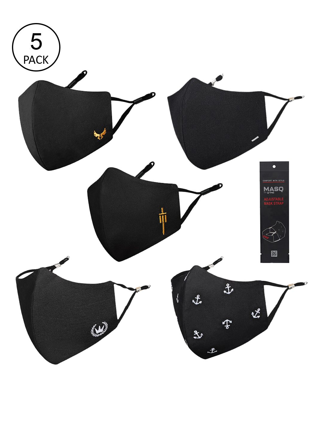MASQ Men Pack Of 5 Black & White Printed 4-Ply Pure Cotton Protective Outdoor Masks-picture-49
