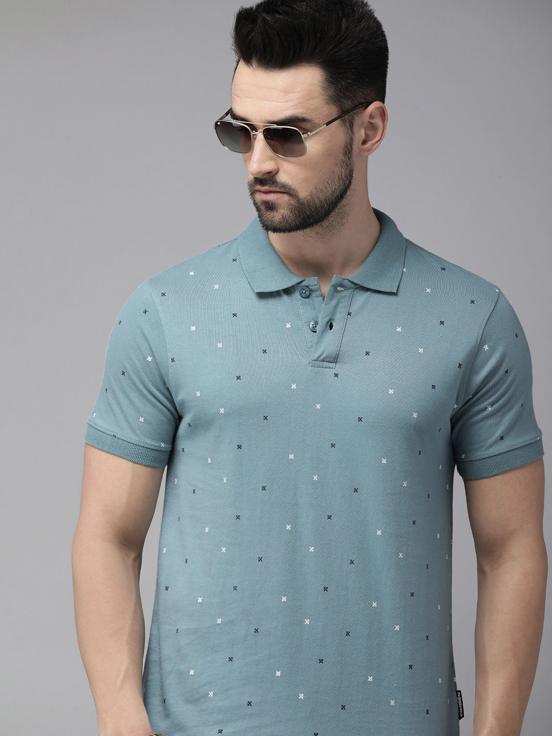 The Roadster Lifestyle Co. Men Teal Printed Polo Collar Pure Cotton T