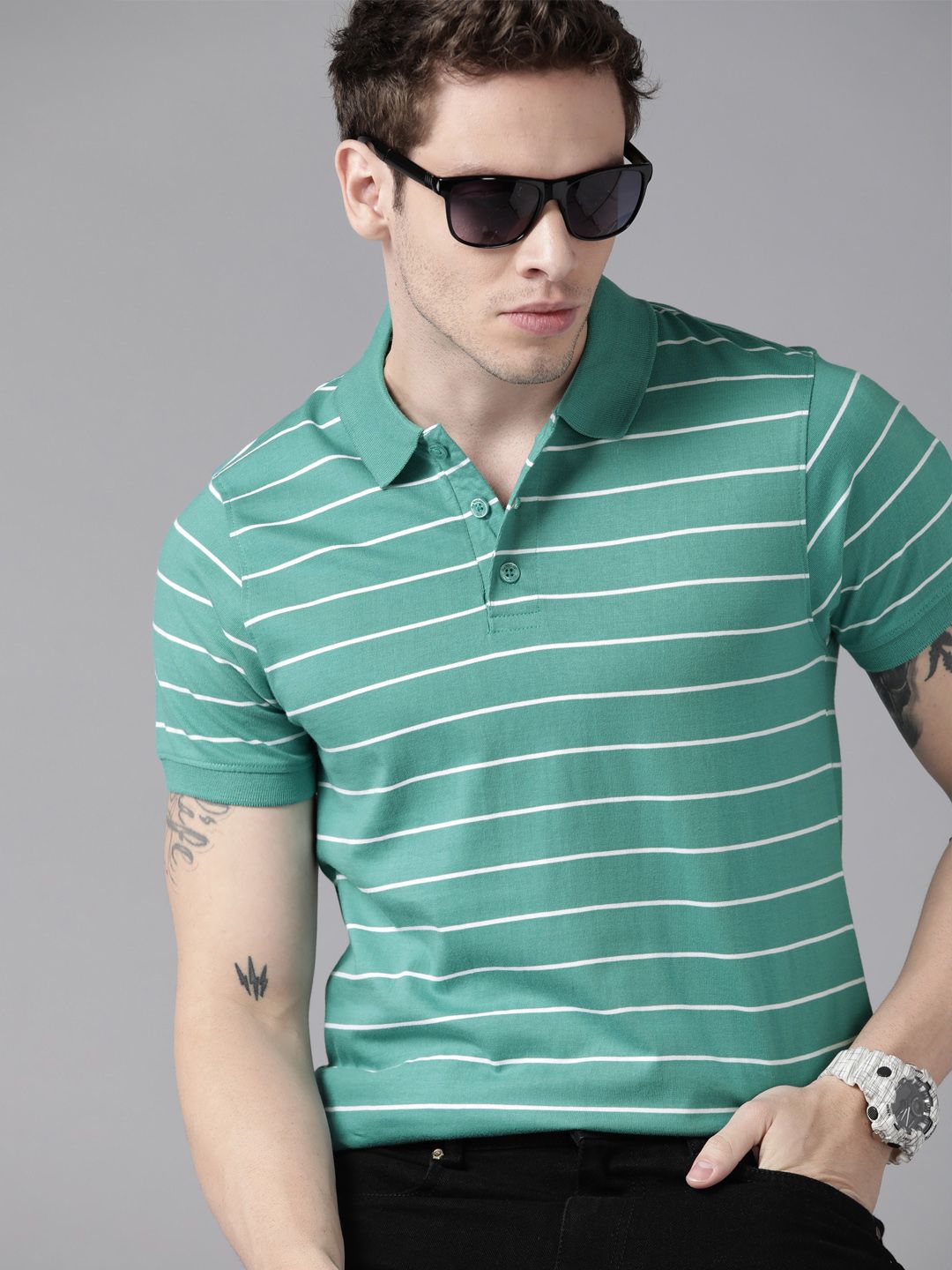 Roadster Men Sea Green & White Striped Polo Collar Pure Cotton T-shirt