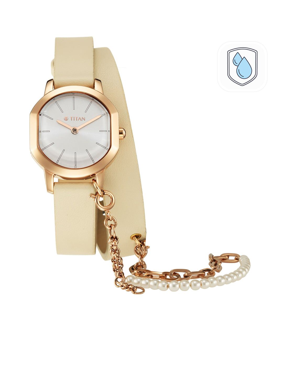 Titan Women White Dial & Beige Leather Bracelet Style Straps Analogue Watch 95157WL01F