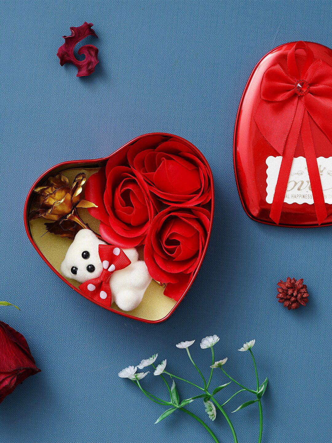eCraftIndia Red & White Roses & Teddy Bear Heart Shaped Valentine Gift Set-image-49