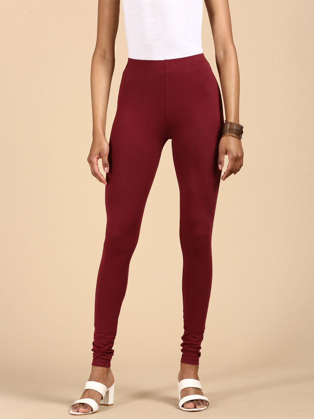 De Moza Women Maroon Solid Churidar-Length Cotton Leggings-picture-4