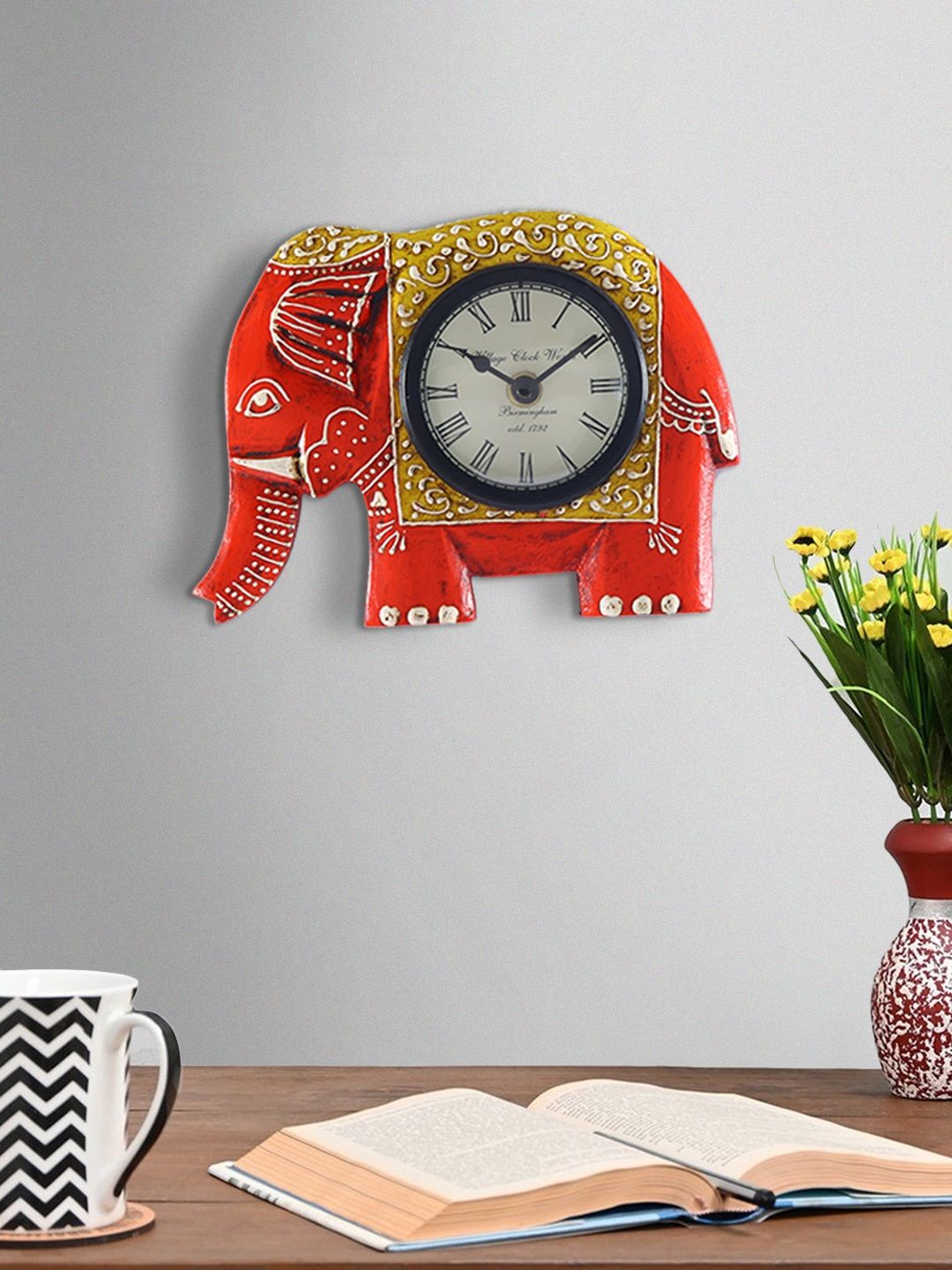 Aapno Rajasthan Unisex Orange & Yellow Elephant Design Contemporary Analogue Wall Clock-image-41