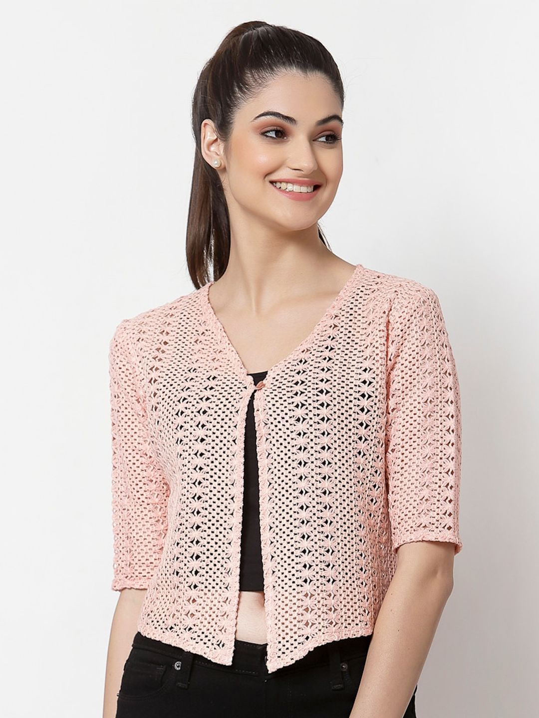 Style Quotient Women Peach-Coloured Self Design Button Shrug-picture-11