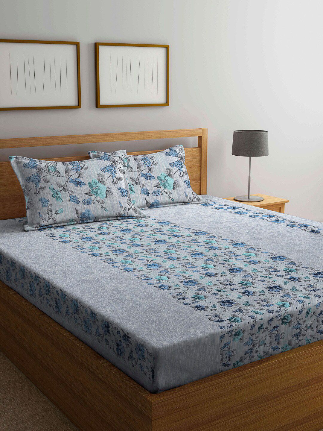 Arrabi Blue & Grey Floral 300 TC King Bedsheet with 2 Pillow Covers-picture-18