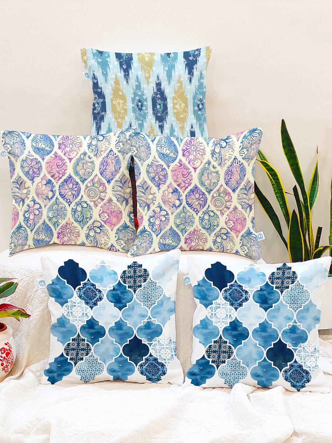 STITCHNEST Set of 5 Blue & Pink Ethnic Motifs Square Cushion Covers-picture-15