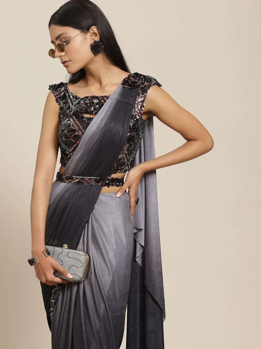 Ready To Wear Embroidered Grey Saree