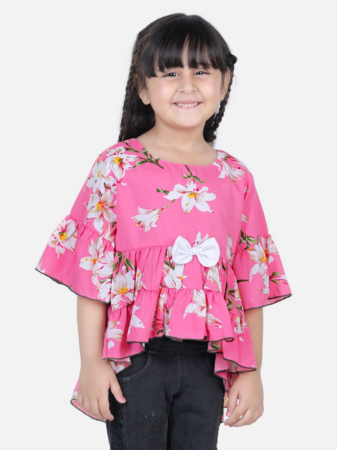 Cutiekins Girls Pink Floral Print High Low Style Crepe Top-picture-21