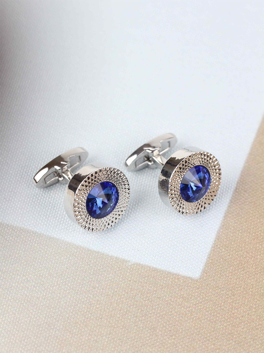 Tossido Blue & Silver-Toned Metal Round Cufflink-picture-16
