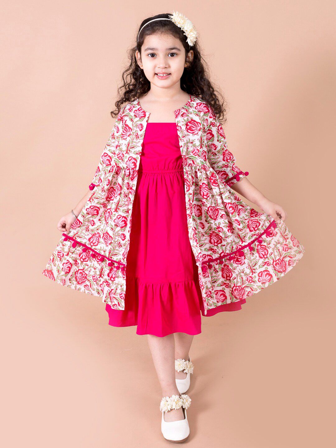 pspeaches Magenta & White Floral A-Line Cotton Dress with Attached Shrug