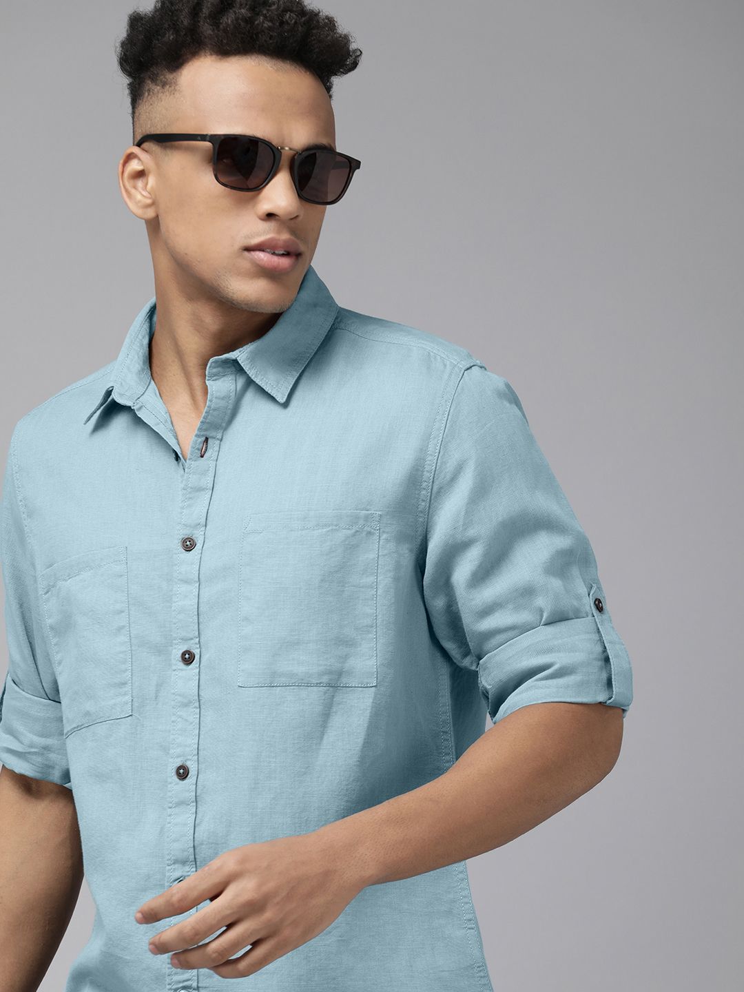 The Roadster Lifestyle Co Men Blue Solid Linen Cotton Casual Shirt-image-27