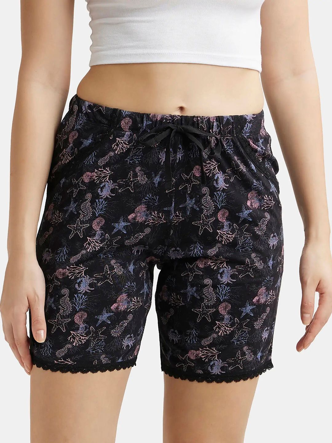 Jockey Relaxed Fit Printed Shorts with Lace Trim Styled Side Pockets-image-8
