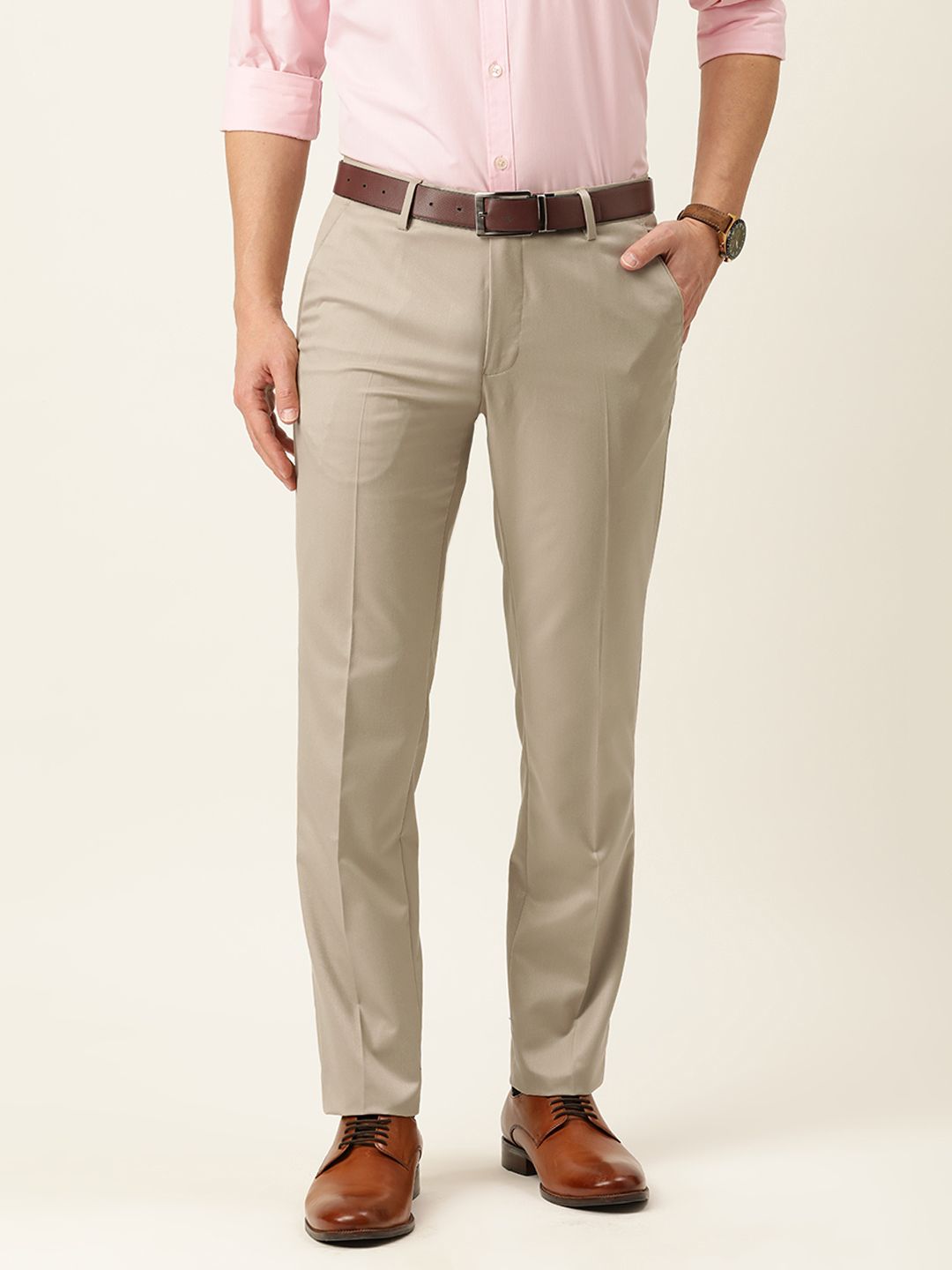 Peter England Men Beige Textured Slim Fit Mid Riuse Formal Trousers-picture-56
