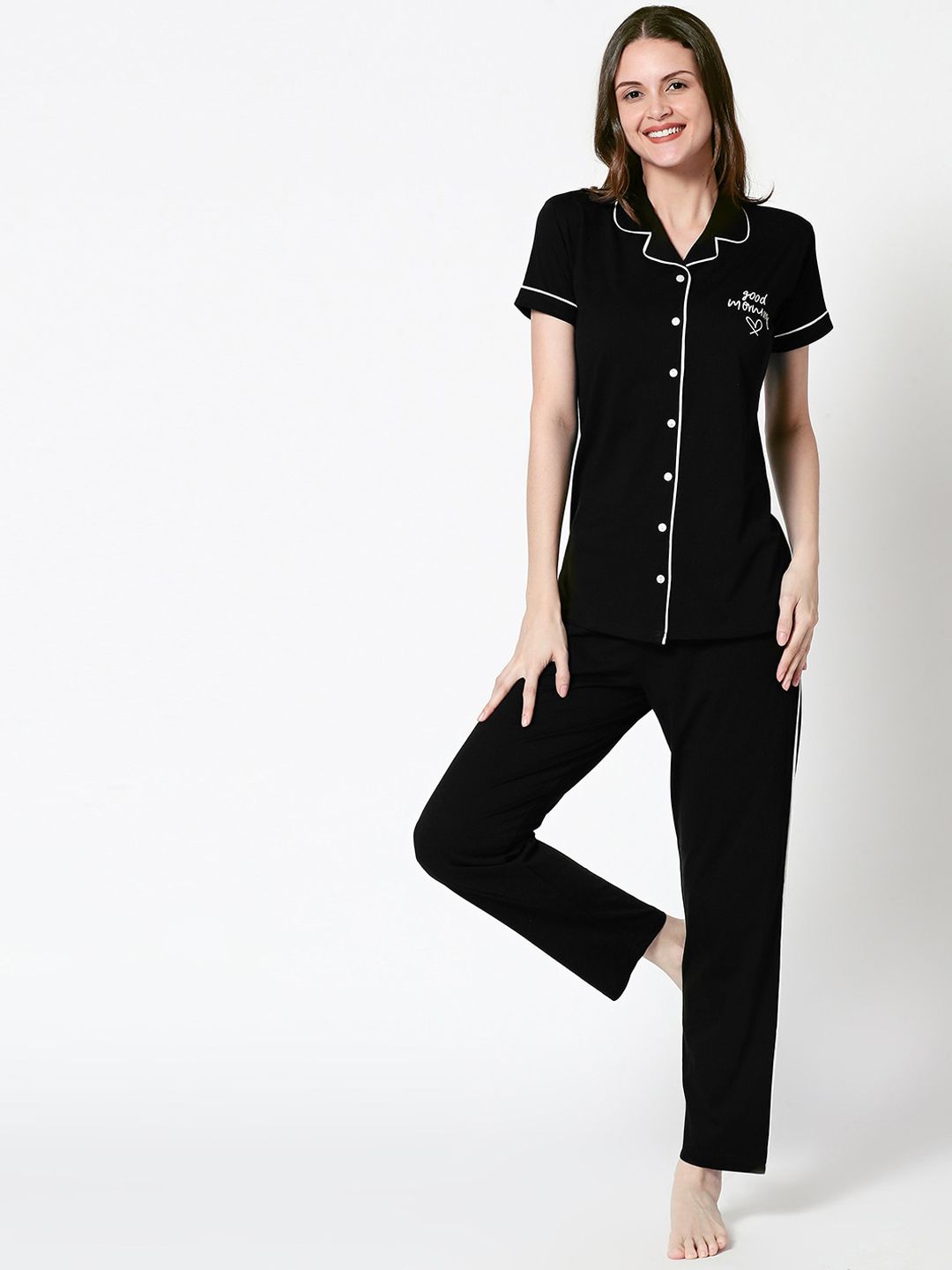 Zeyo Women Black & White Pure Cotton Night suit-picture-51