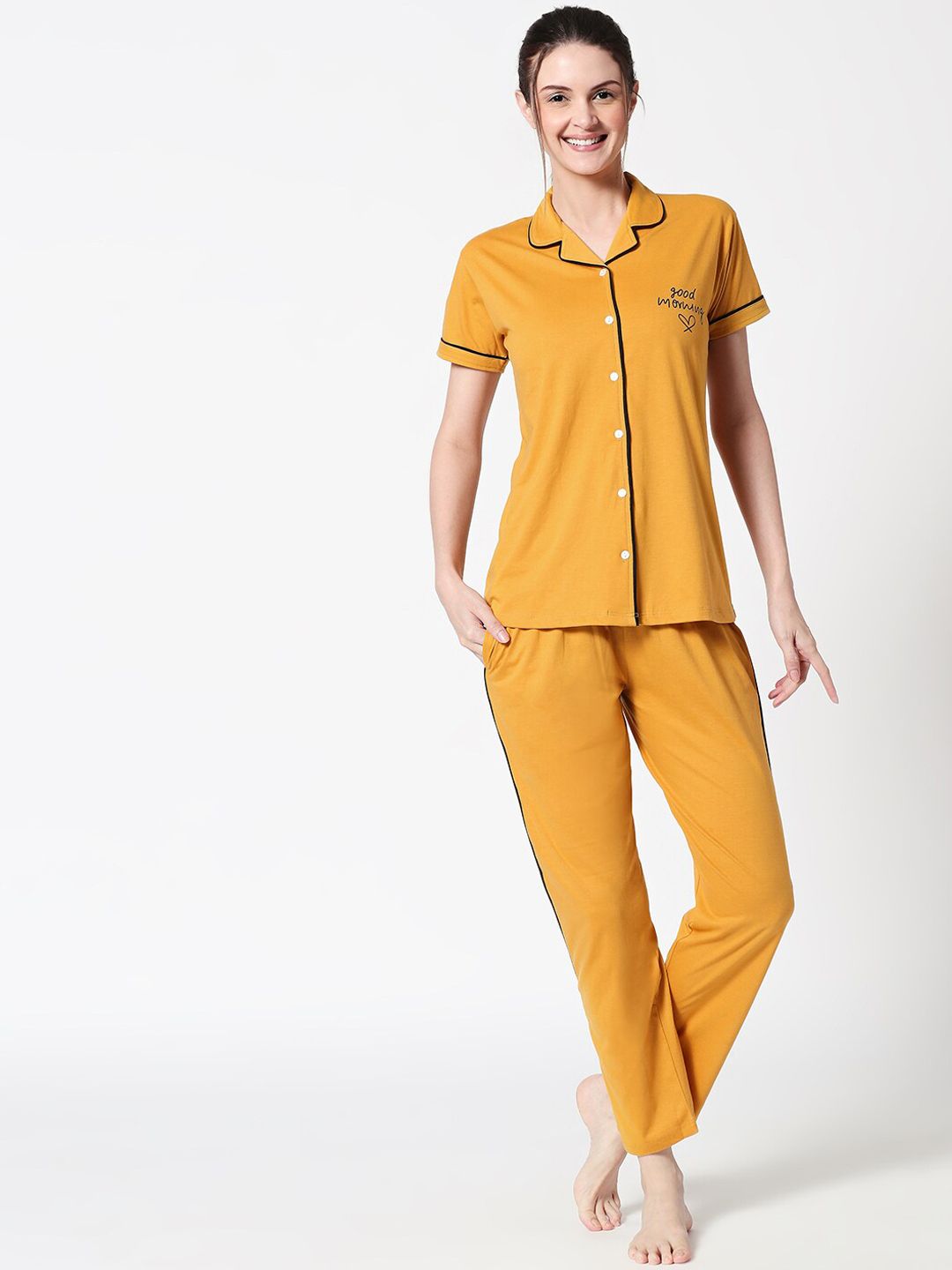 Zeyo Women Mustard Solid Pure Cotton Night Suit-picture-10