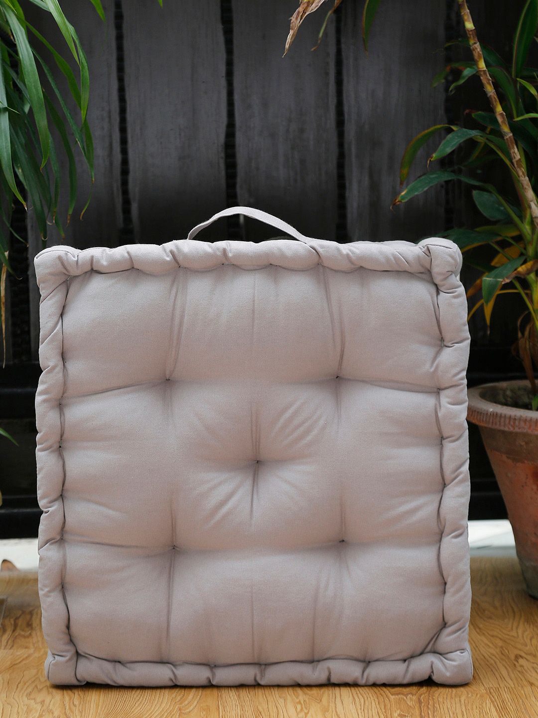 BLANC9 Grey Solid Cotton Square Floor Cushion