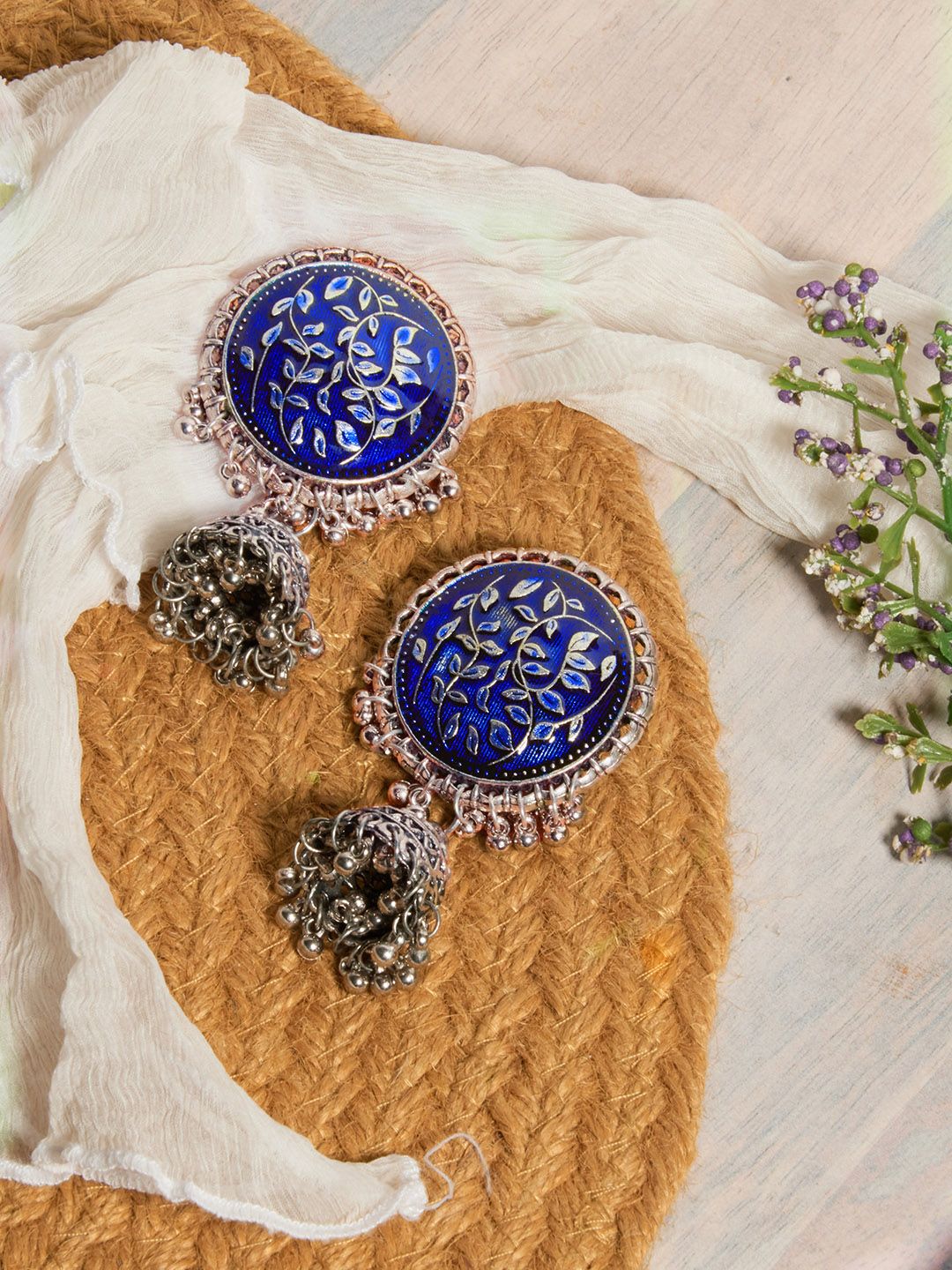 ATIBELLE Blue & Silver-Plated Dome Shaped Jhumkas Earrings