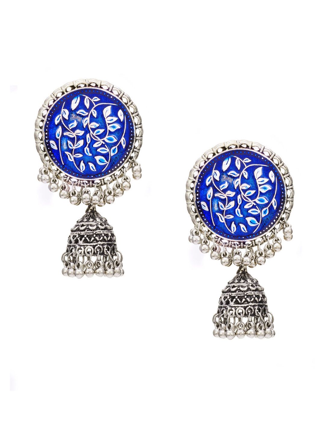 ATIBELLE Blue & Silver-Plated Dome Shaped Jhumkas Earrings