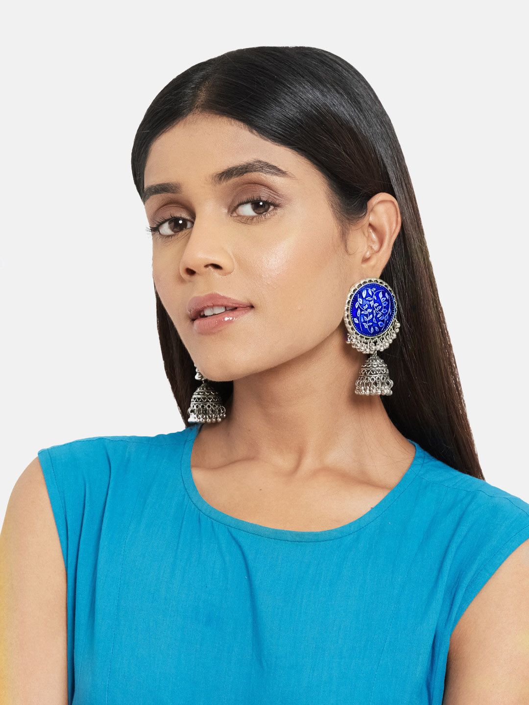 ATIBELLE Blue & Silver-Plated Dome Shaped Jhumkas Earrings