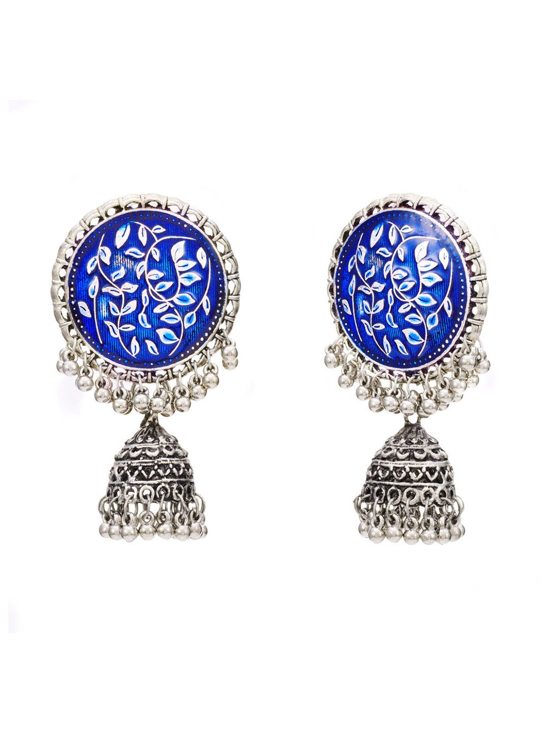 ATIBELLE Blue & Silver-Plated Dome Shaped Jhumkas Earrings