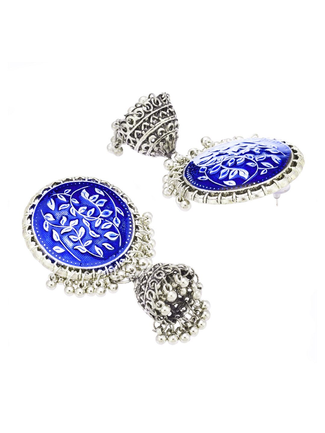 ATIBELLE Blue & Silver-Plated Dome Shaped Jhumkas Earrings