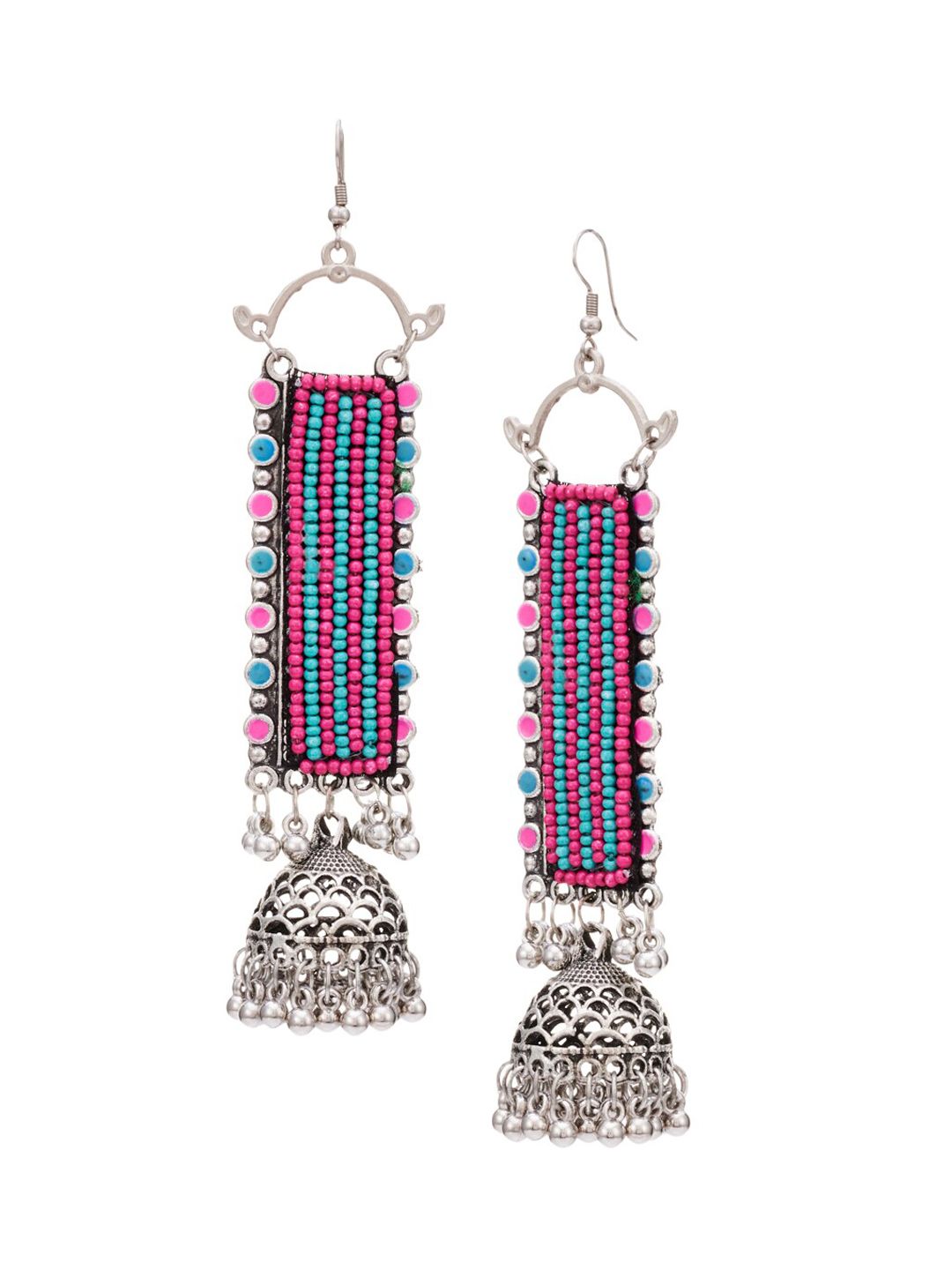 ATIBELLE Silver-Plated & Blue Contemporary Oxidized Drop Earrings