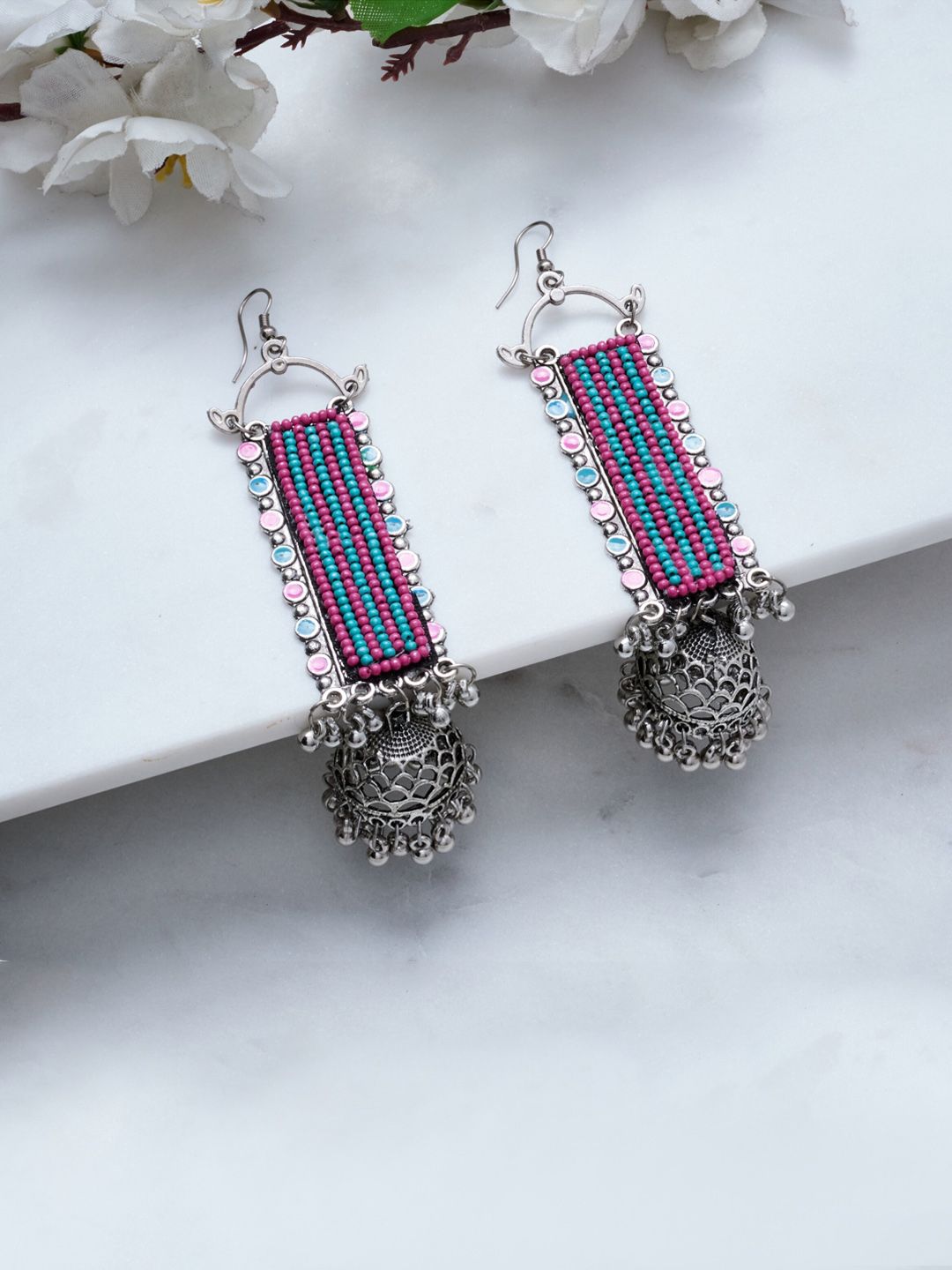 ATIBELLE Silver-Plated & Blue Contemporary Oxidized Drop Earrings