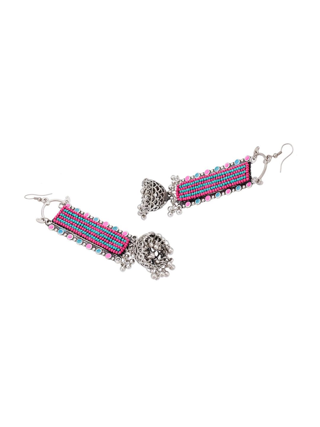 ATIBELLE Silver-Plated & Blue Contemporary Oxidized Drop Earrings