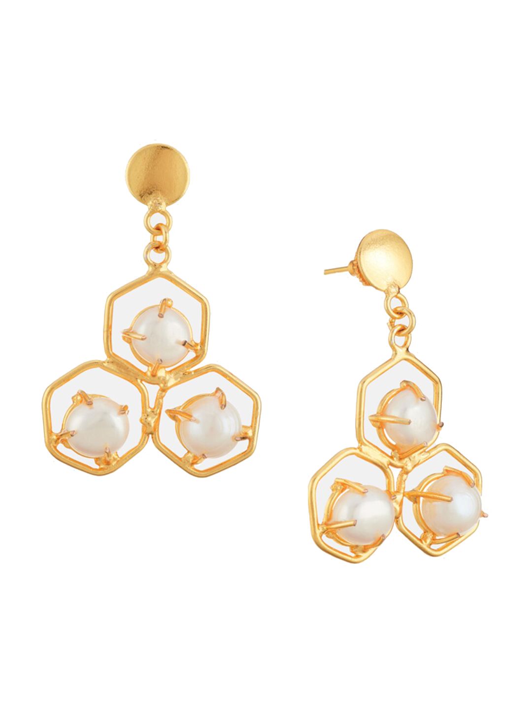 ATIBELLE Gold-Plated & Off White Pearl Geometric Drop Earrings
