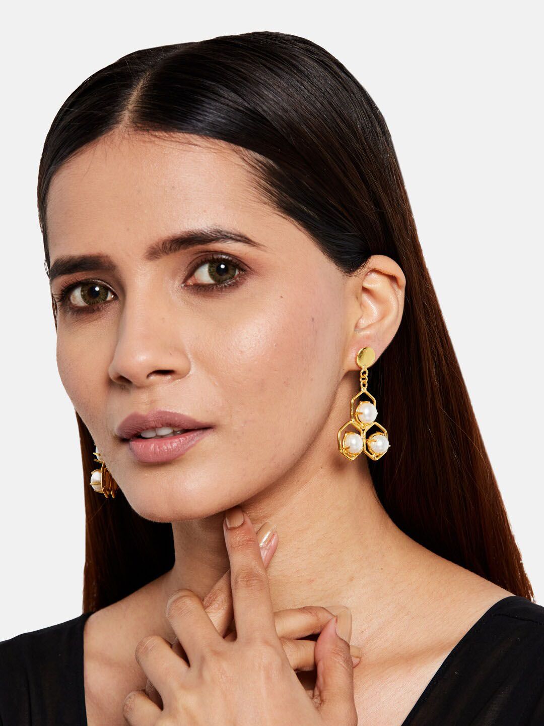 ATIBELLE Gold-Plated & Off White Pearl Geometric Drop Earrings