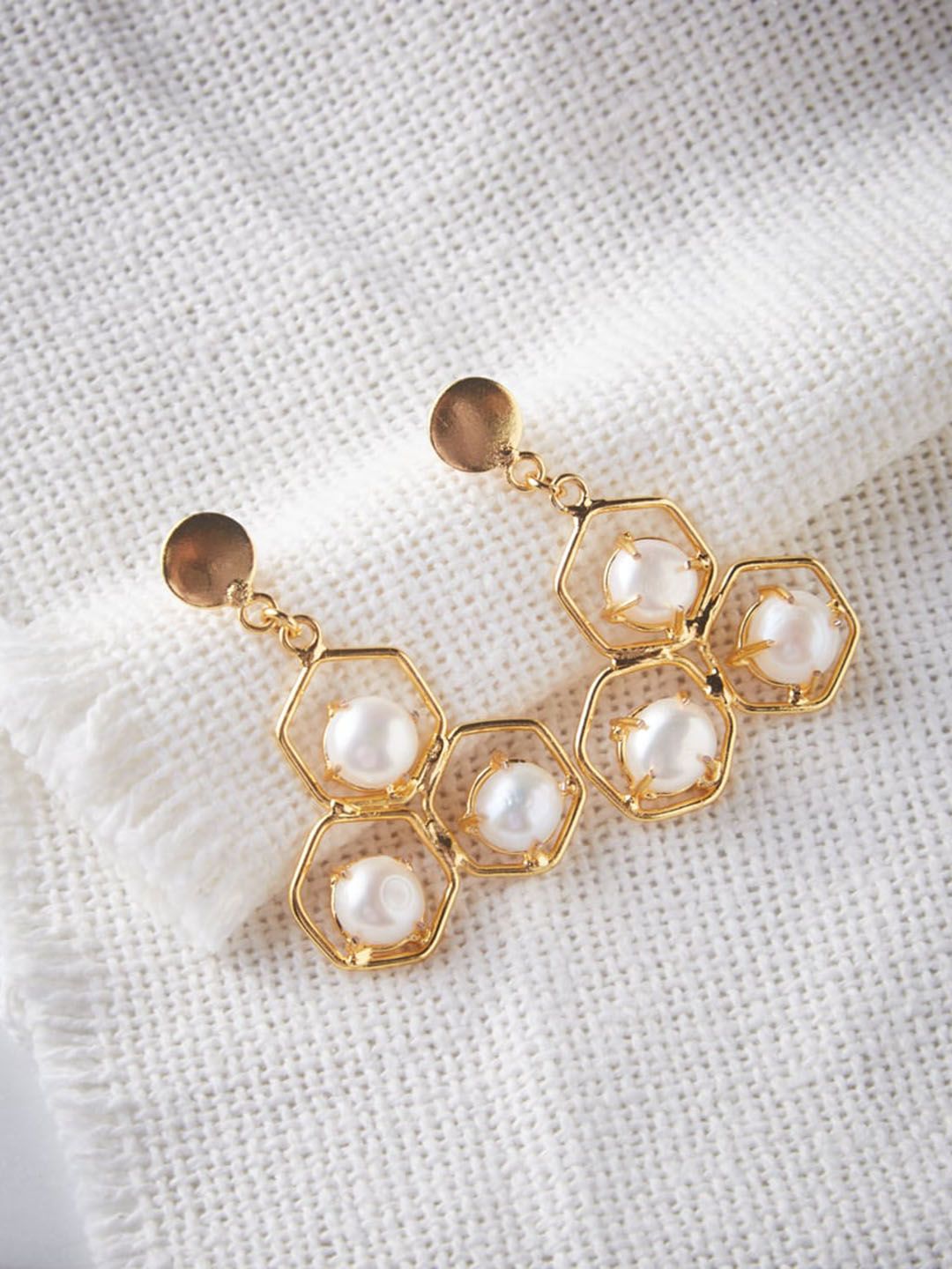 ATIBELLE Gold-Plated & Off White Pearl Geometric Drop Earrings