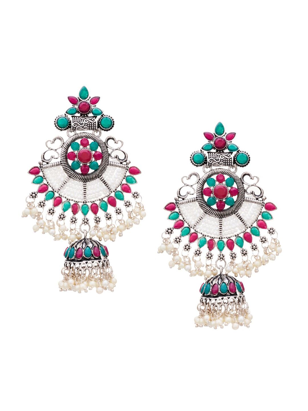 ATIBELLE Silver-Plated & Green German Silver Contemporary Jhumkas Earrings