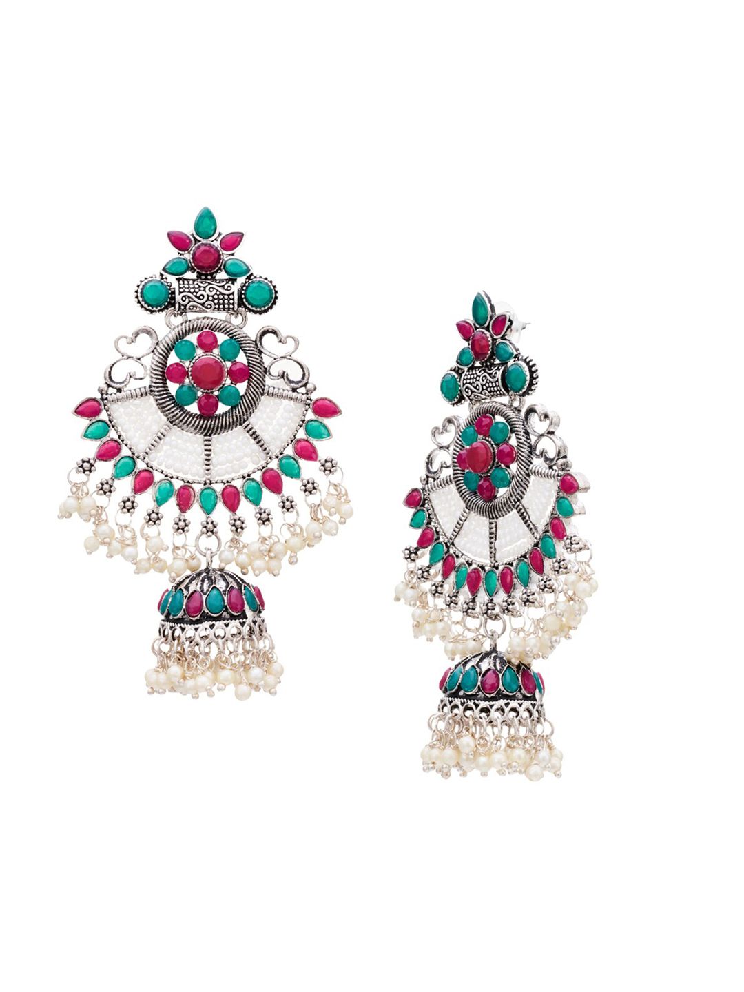 ATIBELLE Silver-Plated & Green German Silver Contemporary Jhumkas Earrings