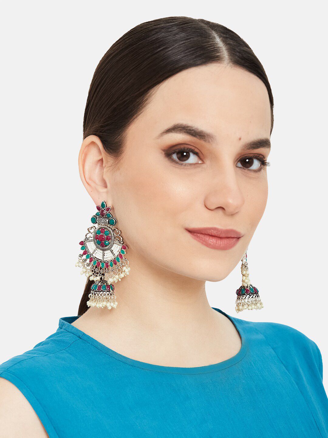 ATIBELLE Silver-Plated & Green German Silver Contemporary Jhumkas Earrings