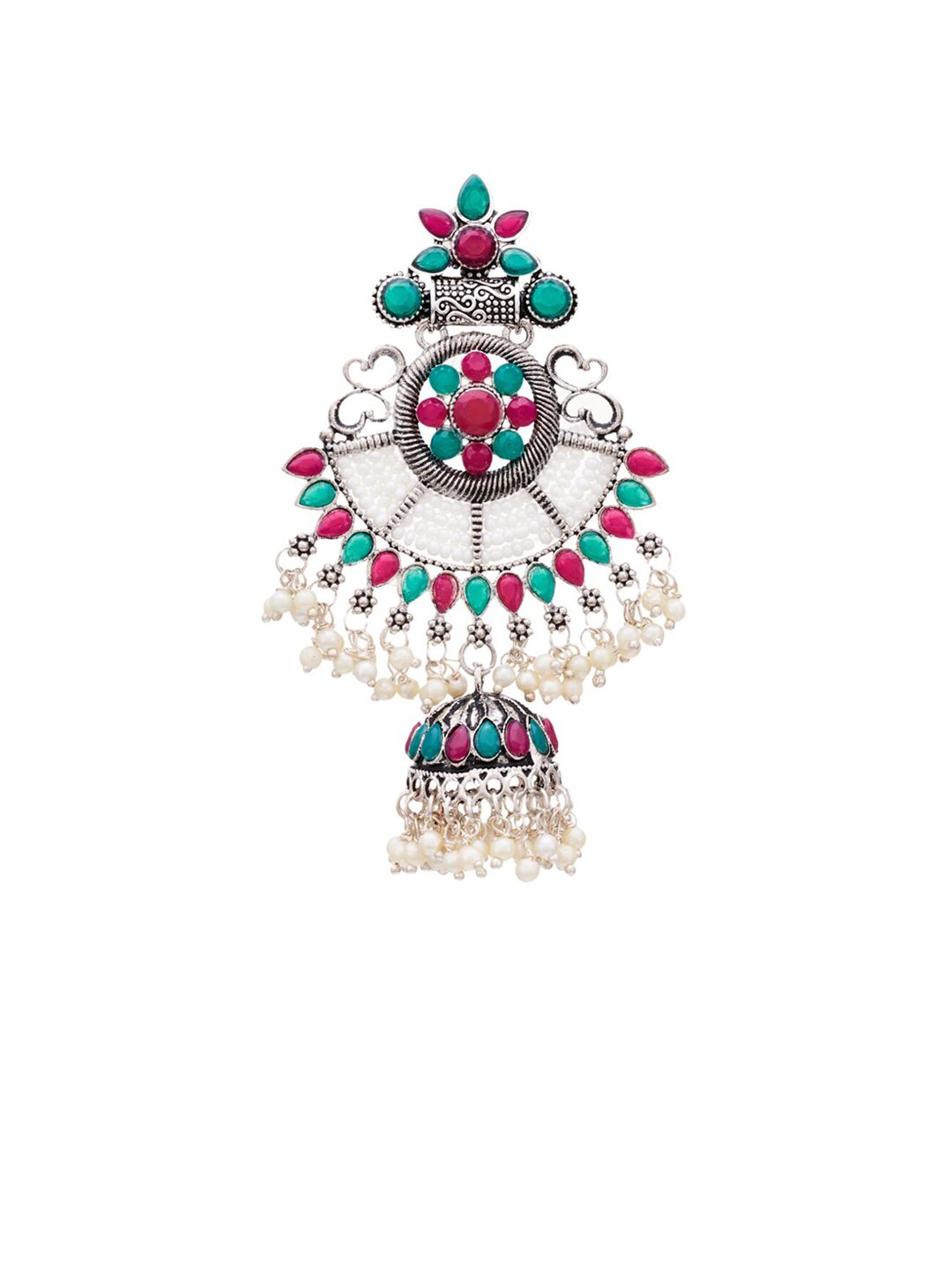 ATIBELLE Silver-Plated & Green German Silver Contemporary Jhumkas Earrings