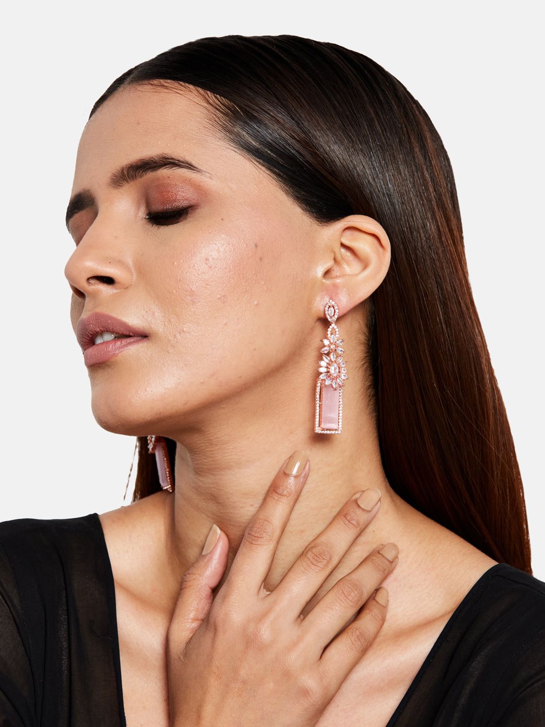 ATIBELLE Pink & Rose Gold-Plated American Diamond Studded Contemporary Drop Earrings
