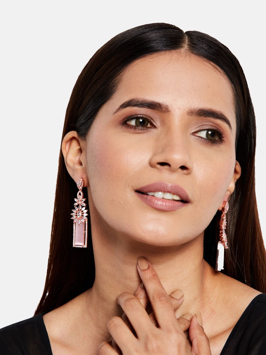 ATIBELLE Pink & Rose Gold-Plated American Diamond Studded Contemporary Drop Earrings