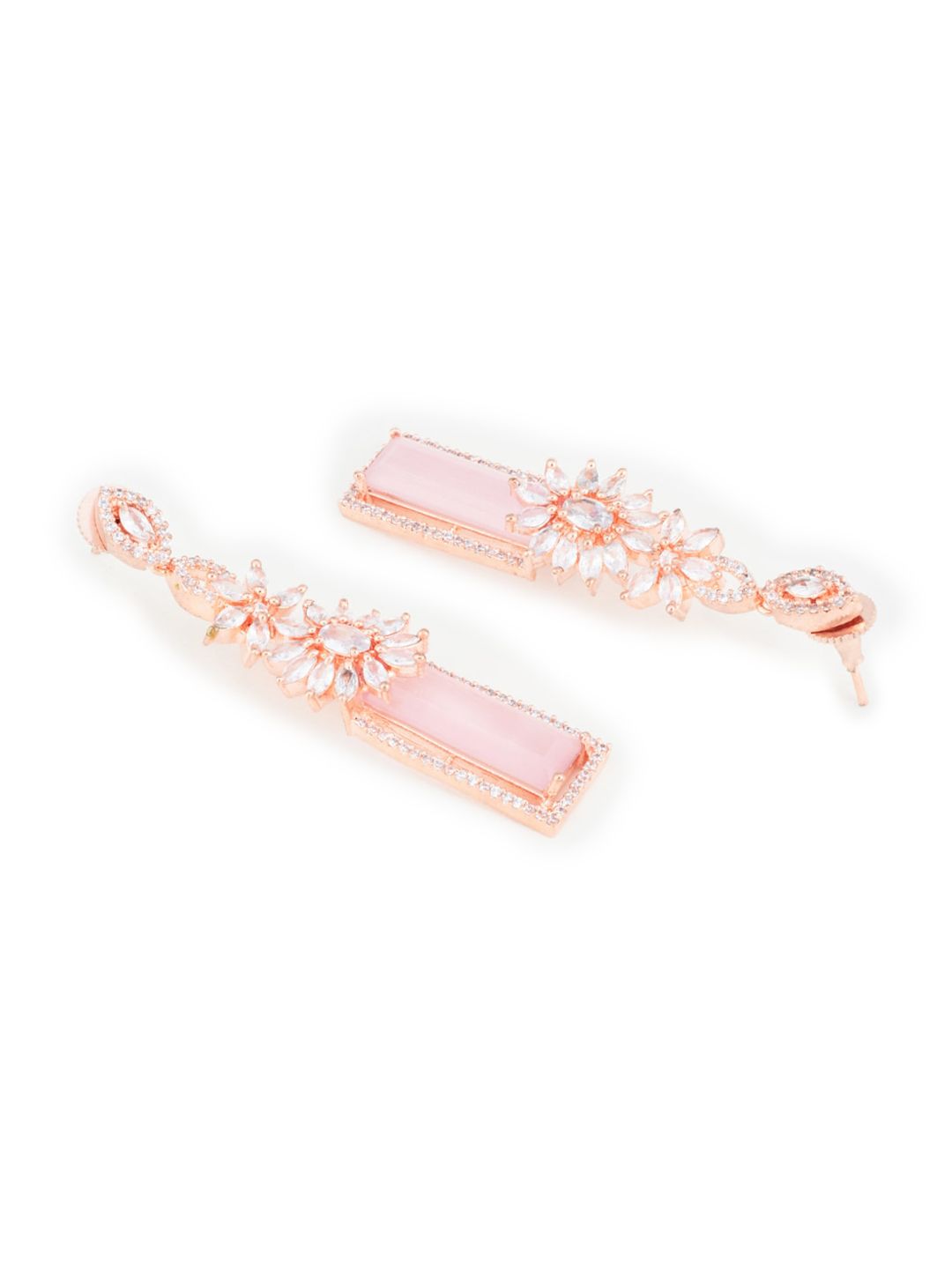 ATIBELLE Pink & Rose Gold-Plated American Diamond Studded Contemporary Drop Earrings