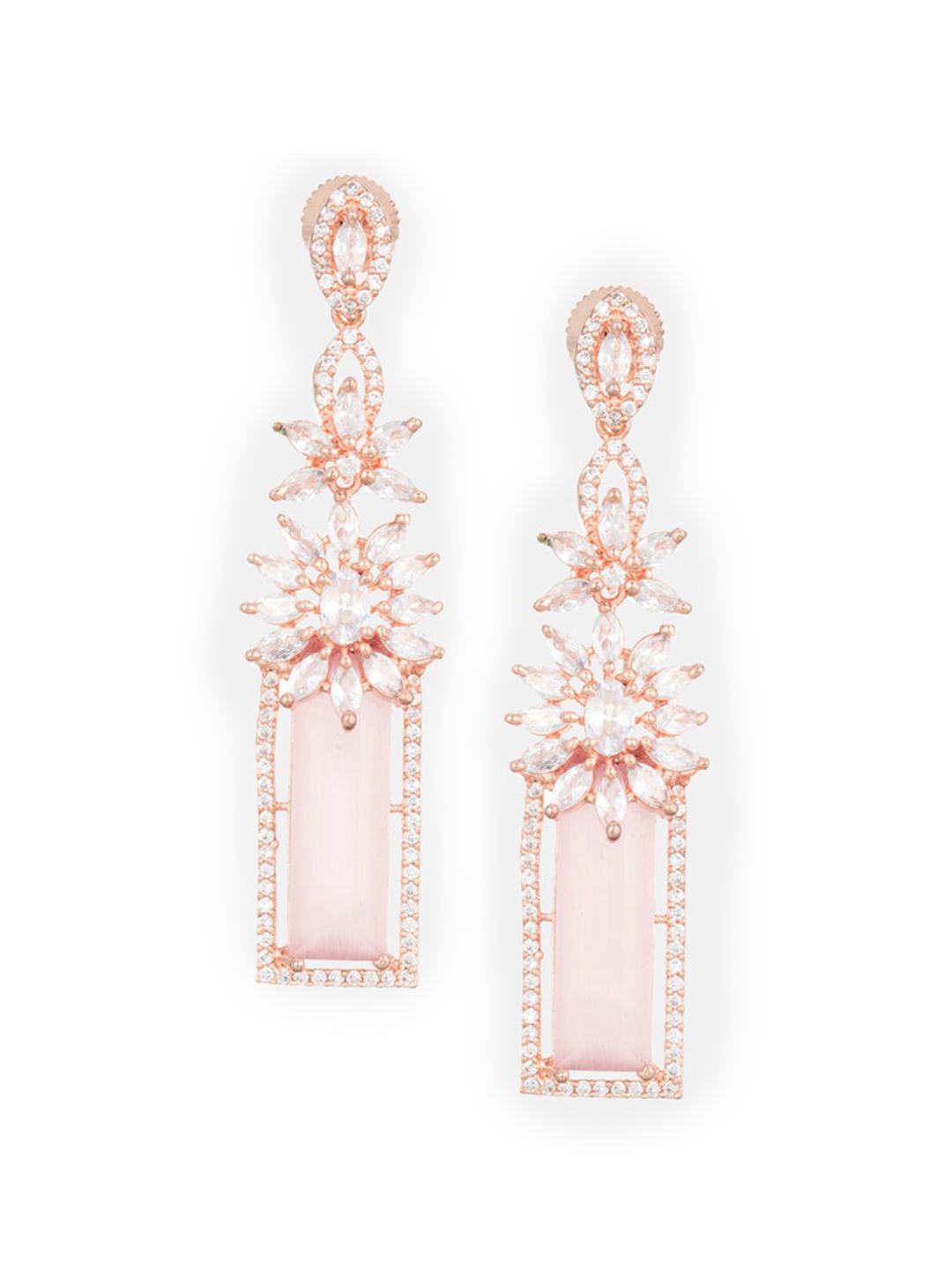 ATIBELLE Pink & Rose Gold-Plated American Diamond Studded Contemporary Drop Earrings