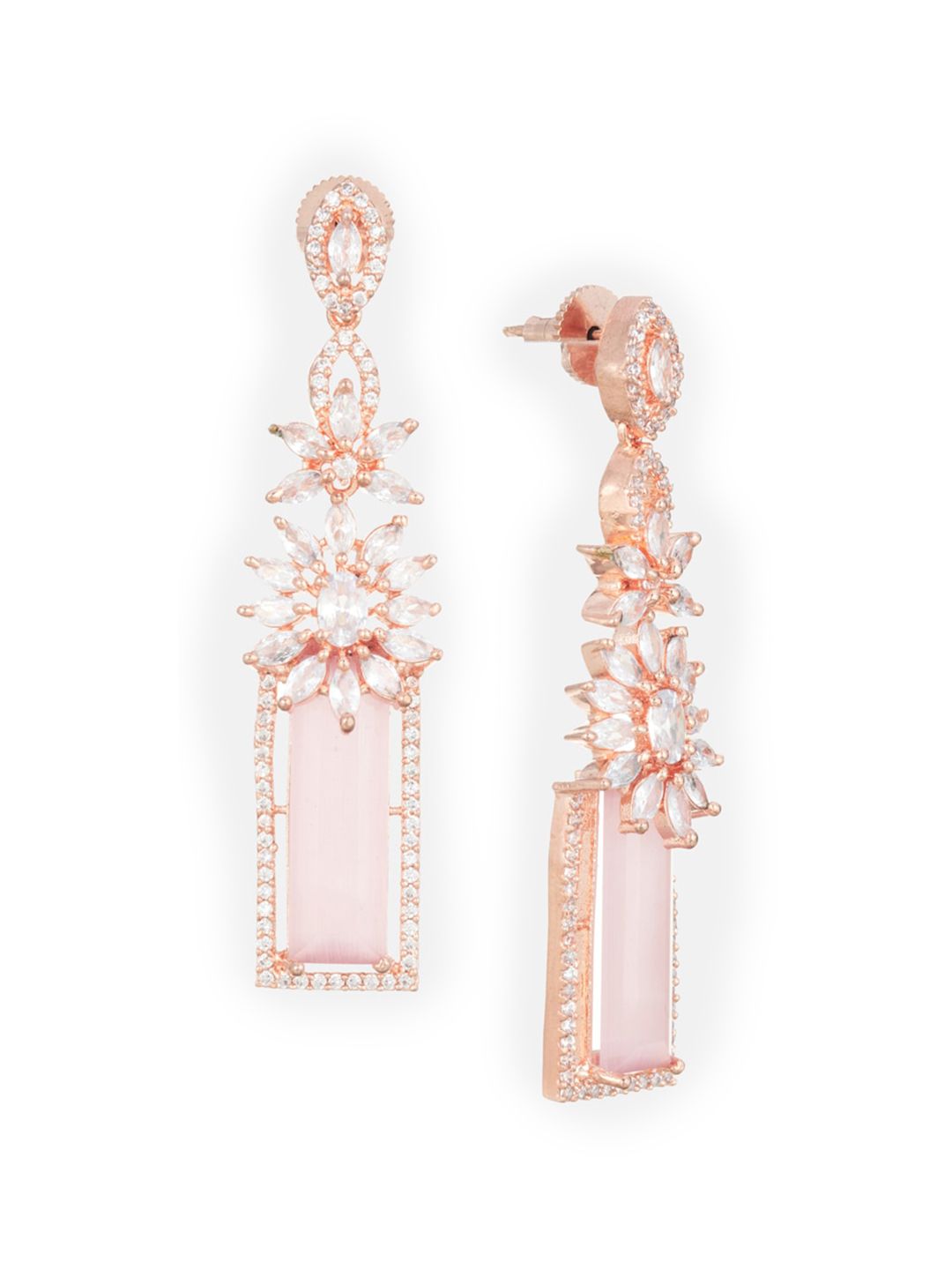 ATIBELLE Pink & Rose Gold-Plated American Diamond Studded Contemporary Drop Earrings