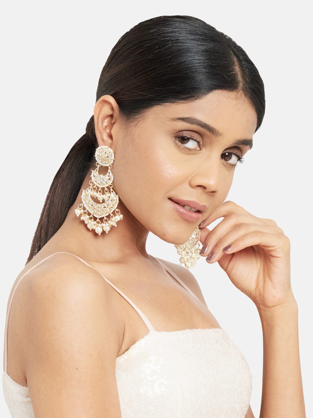 ATIBELLE Gold-Plated & White Contemporary Drop Earrings