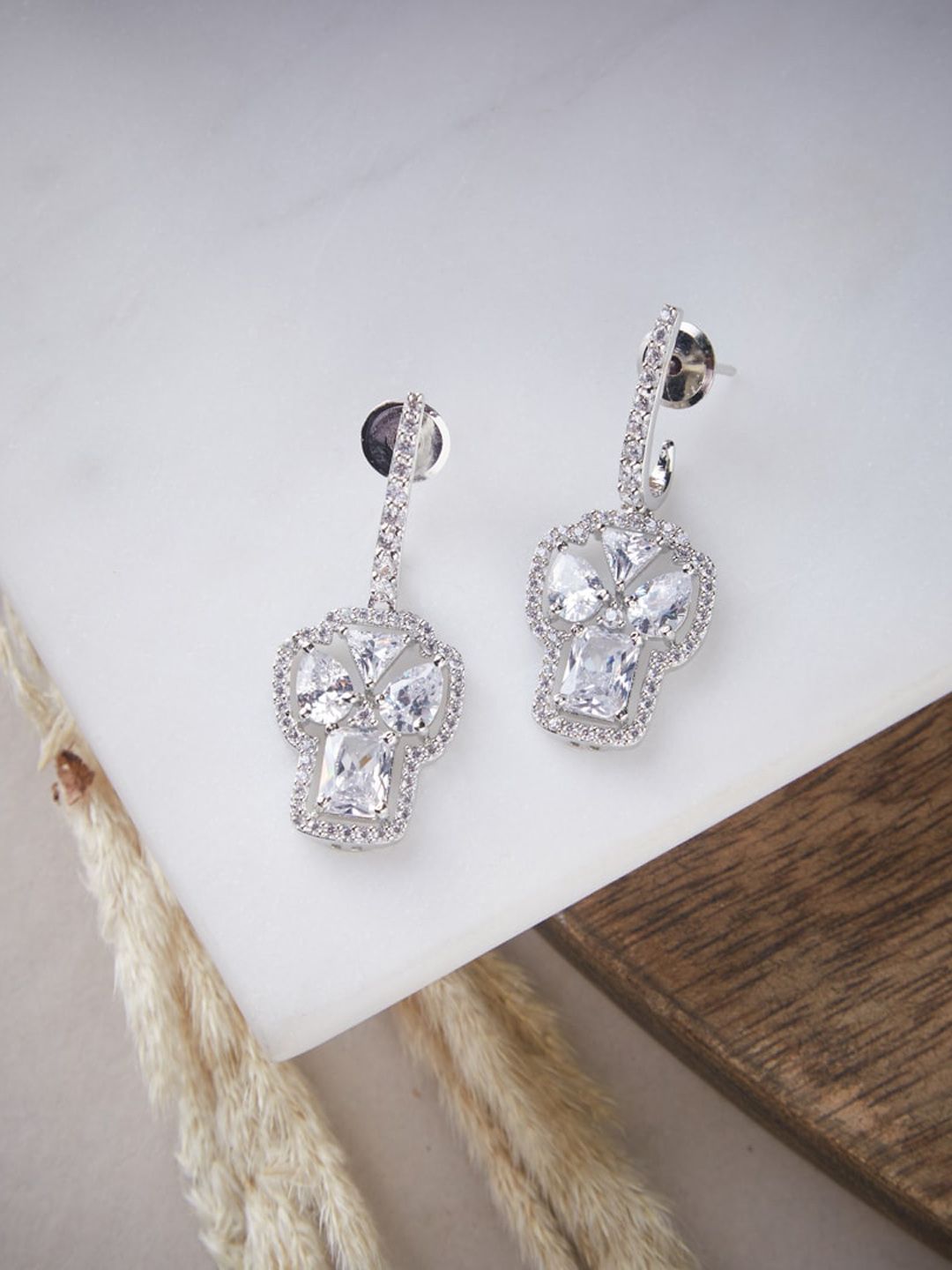 ATIBELLE Silver-Plated & White AD Contemporary Drop Earrings