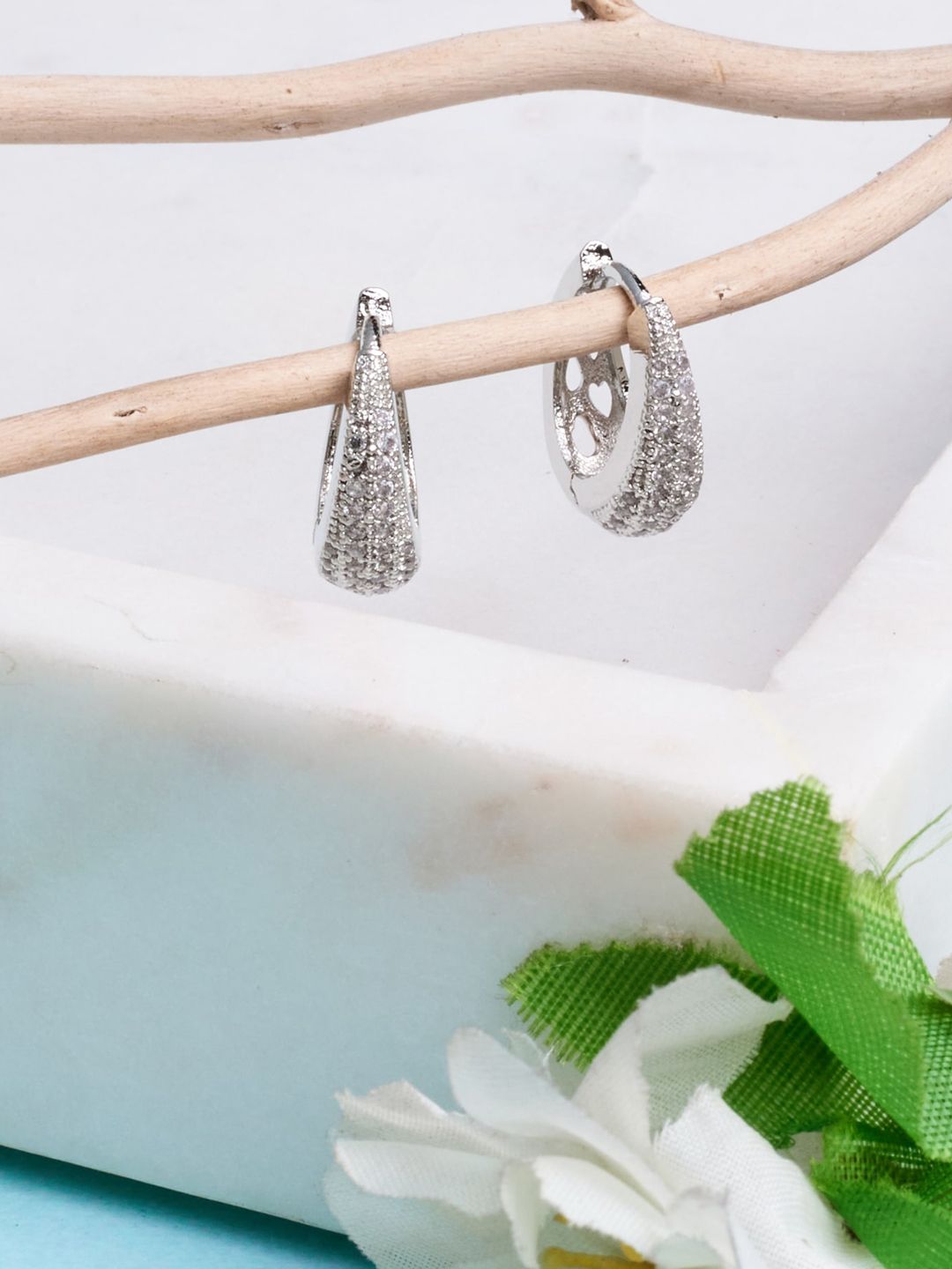 ATIBELLE Silver-Plated AD Studded Classic Hoop Earrings