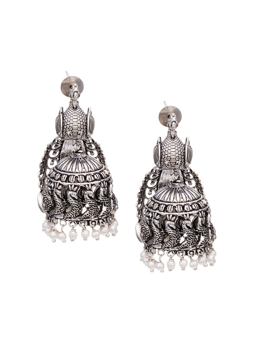 ATIBELLE Silver-Plated Oxidised Peacock Shaped Jhumkas Earrings