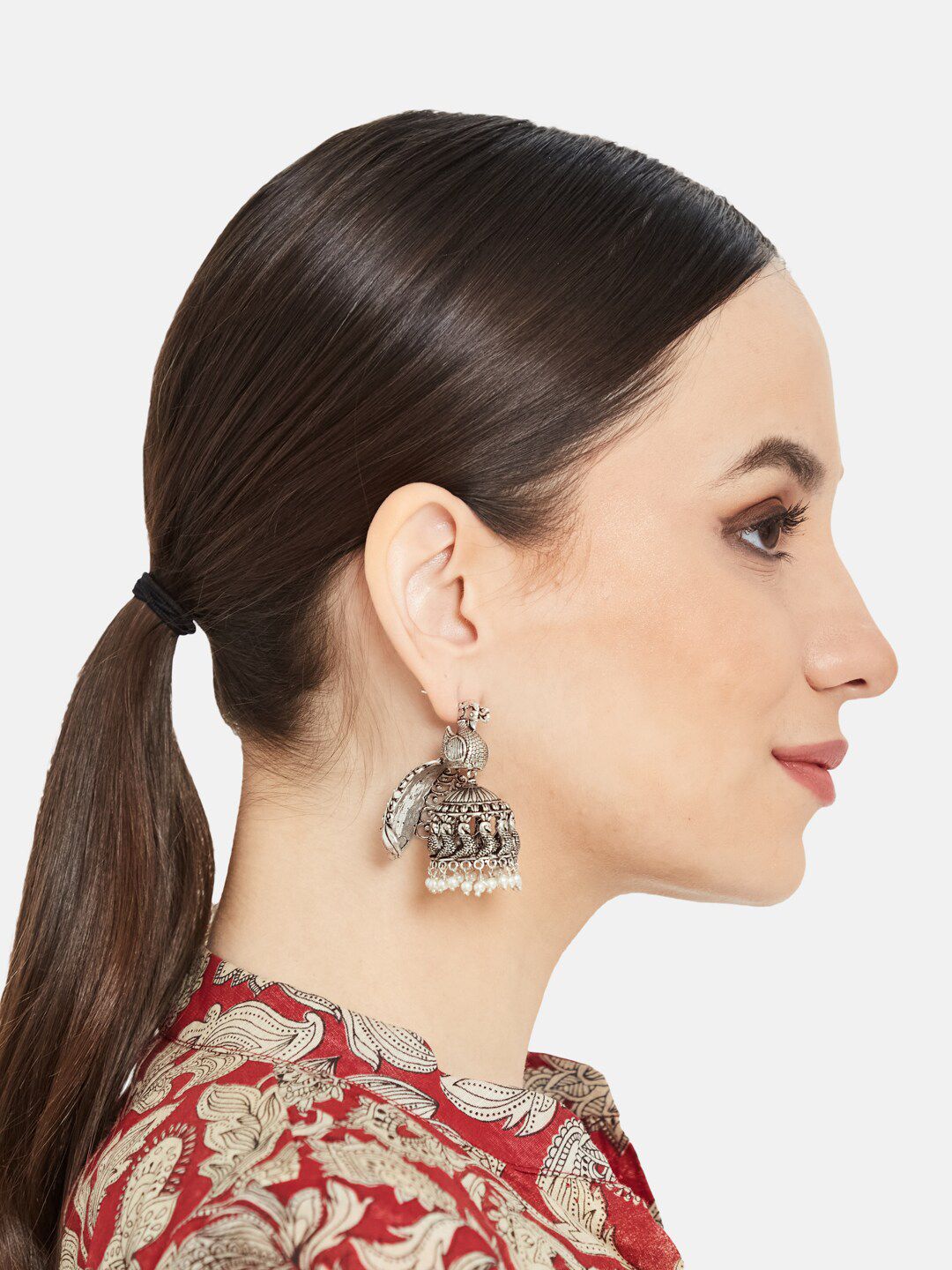 ATIBELLE Silver-Plated Oxidised Peacock Shaped Jhumkas Earrings
