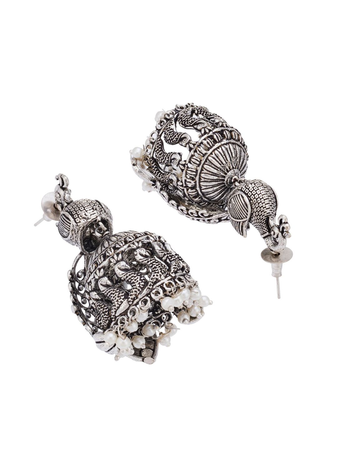 ATIBELLE Silver-Plated Oxidised Peacock Shaped Jhumkas Earrings
