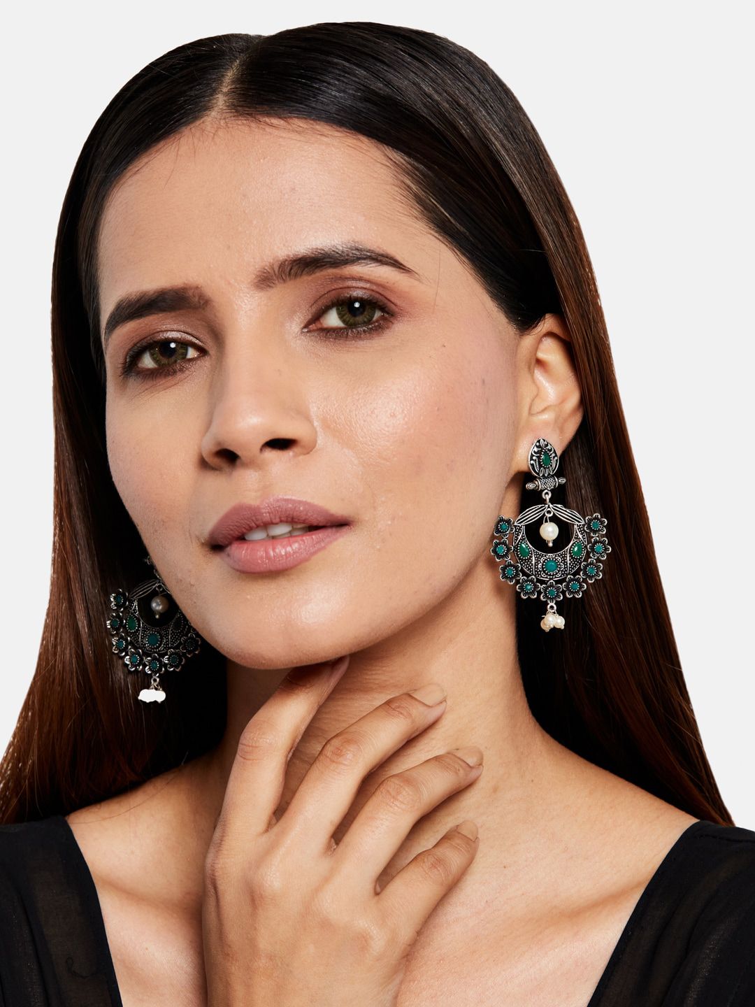 ATIBELLE Green & Silver-Plated Classic Chandbalis Earrings