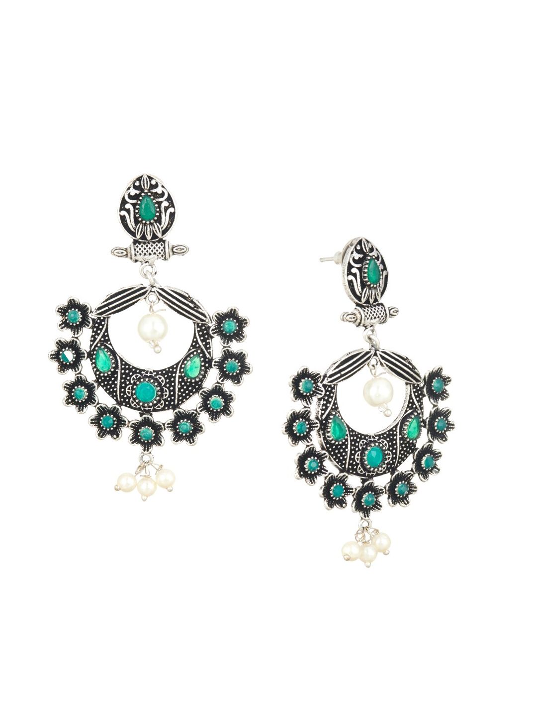 ATIBELLE Green & Silver-Plated Classic Chandbalis Earrings